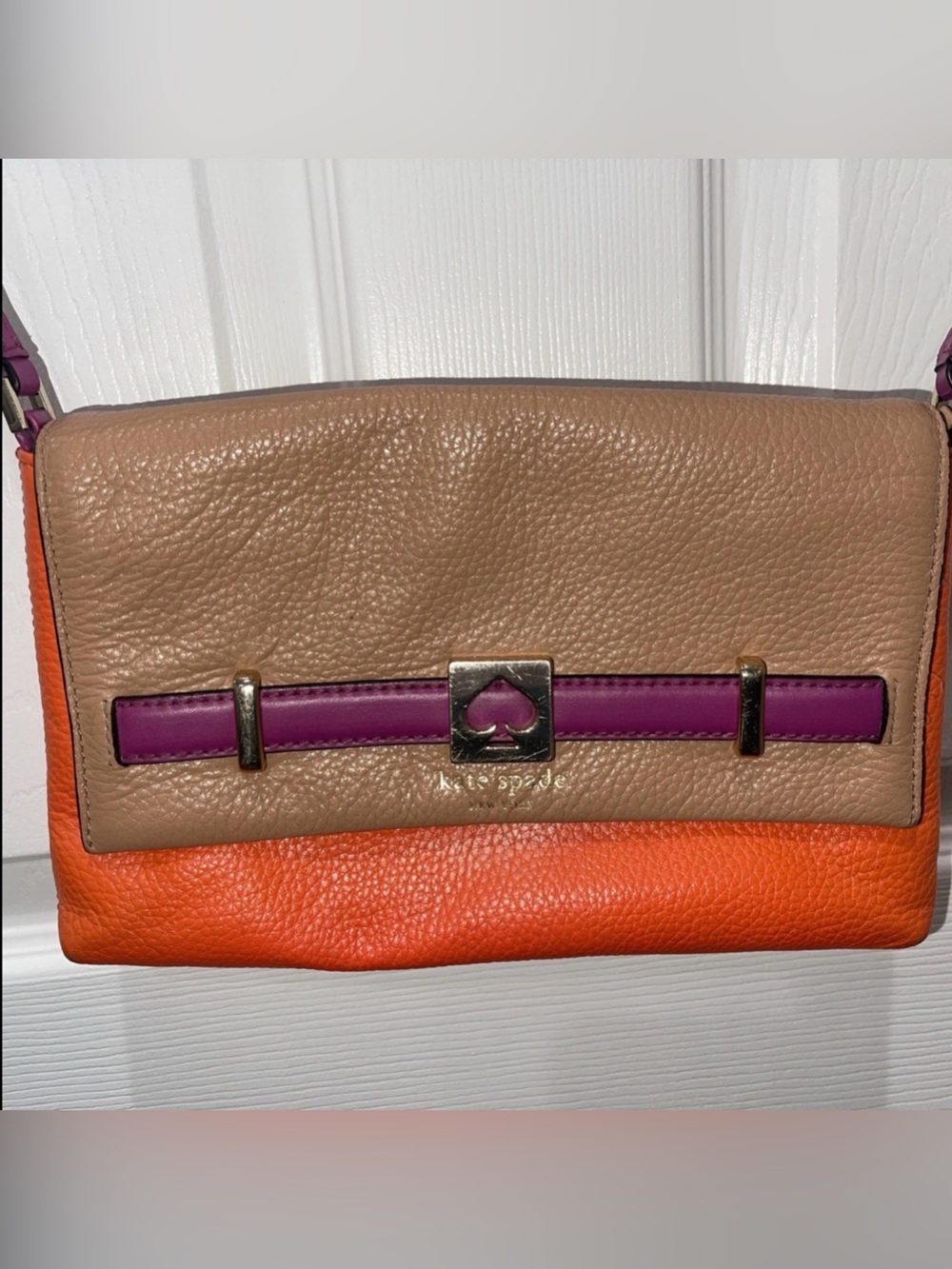 Kate Spade New York Loula Houston Crossbody Bag Colorblock Orange Tan Purple